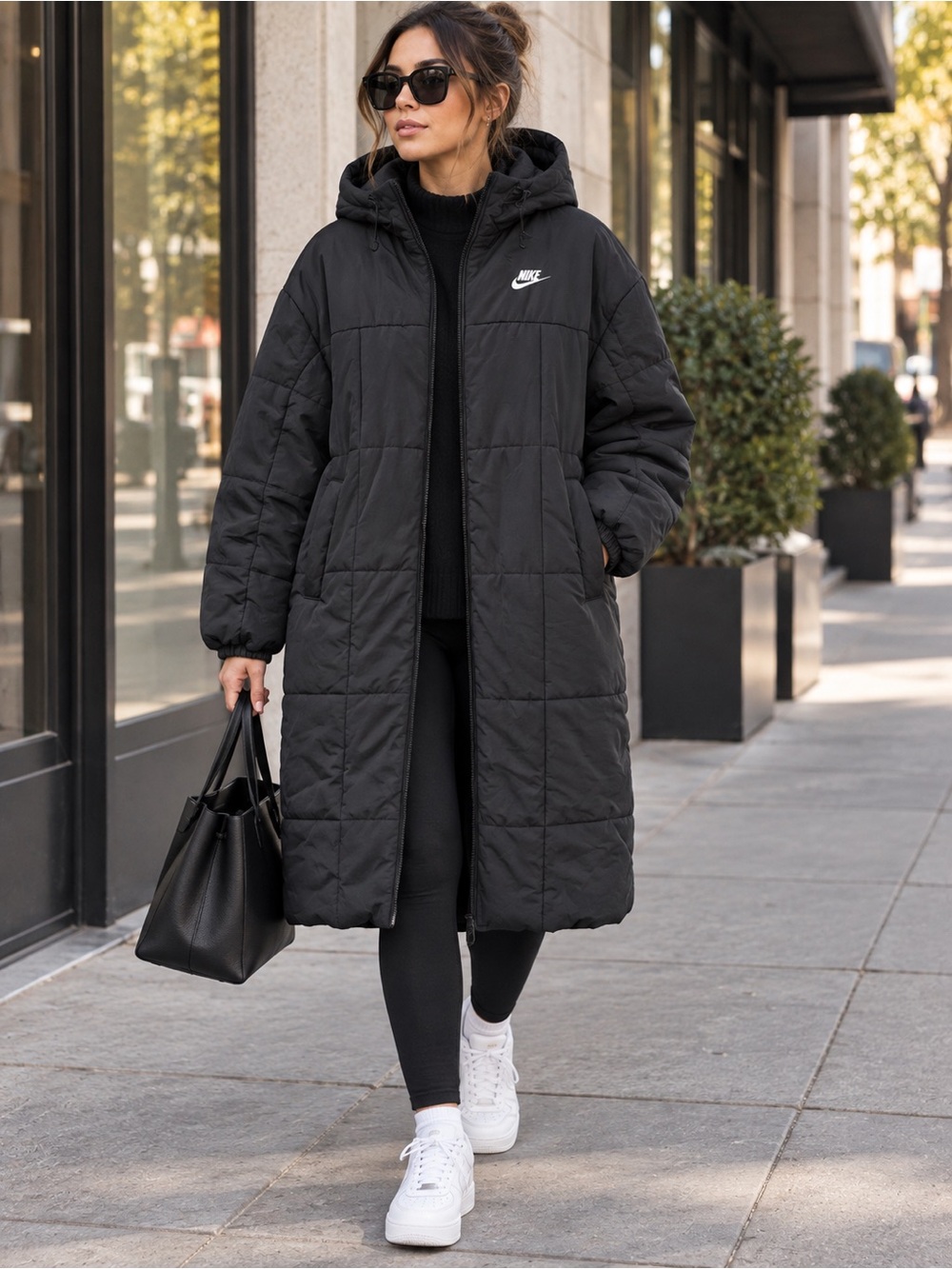 Nike Therma Fit Black Long Quilted Puffer Coat with Hood